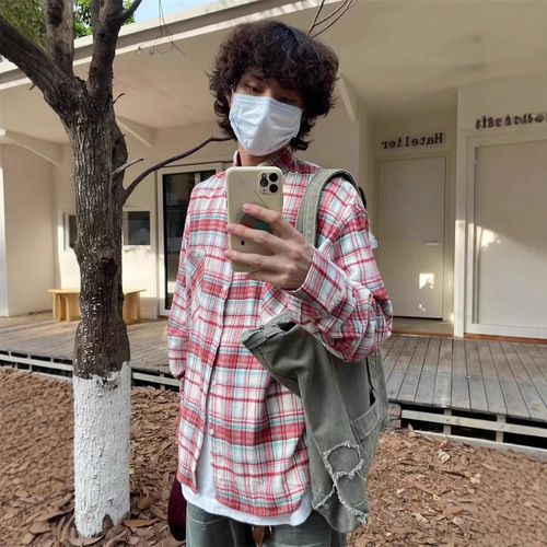 Vintage Checkered Long-Sleeve Shirt, Hong Kong Style Loose Collar Shirt, Couple Summer Trendy Versatile Casual Top Outerwear