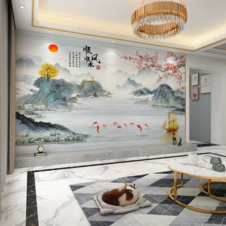 新中式定制顺风顺水壁画电视背景墙墙布定制壁纸全屋房间墙布装饰