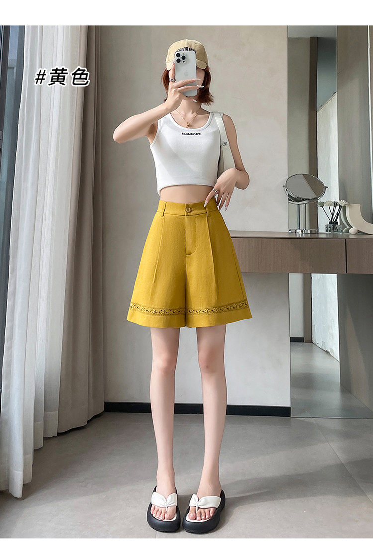 Quần short vải lanh nữ cạp cao ống rộng dáng chữ A — Xanh lông mòng đen chi tiết 42