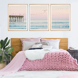 Modern Pink Ocean Pier Seagull Natural Scenery Bedroom Living Room Hanging Painting Canvas Decorative Painting Core Frameless Poster