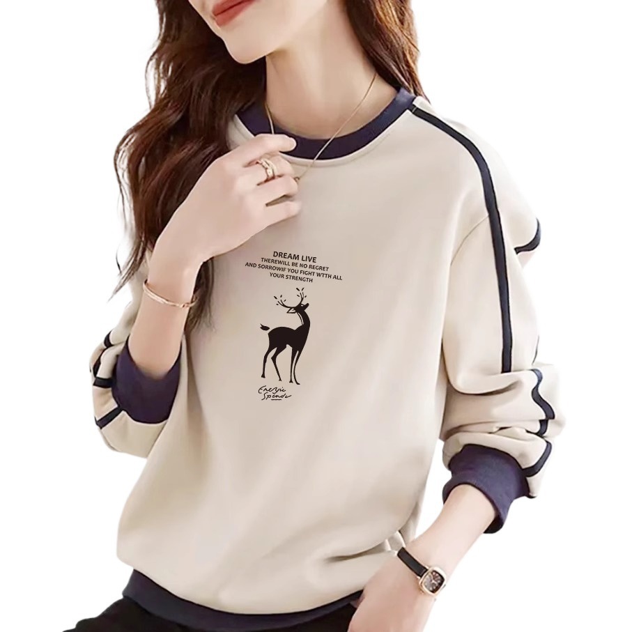 Brand Pure Cotton Long-Sleeve Printed Sweatshirt for Women, Spring Style, Fashionable, Versatile, Artistic, Age-Reducing, Color-Blocking Top 5