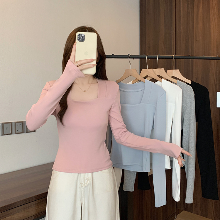 2025秋季新款胖mm大码女韩版休闲修身显瘦方领长袖T恤打底衫上衣|undefined