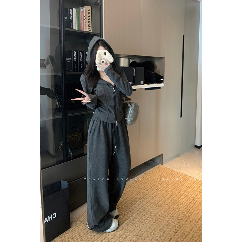 双拉链慵懒连帽长袖卫衣外套女秋季运动套装垂感休闲阔腿裤两件套|undefined