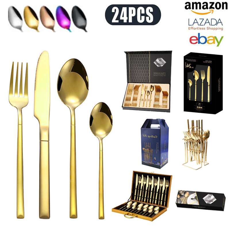 Vajilla de caballero de acero inoxidable de Amazon transfronterizo, bistec occidental, cuchillo, tenedor, cuchara, cuchara de postre, juego de caja de regalo de 24 piezas