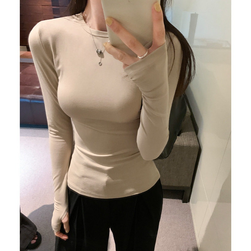 Fashionable all-matching slimming-slim-fit round neck shoulder long-sleeved T-shirt women's spring 2024 New undershirt top