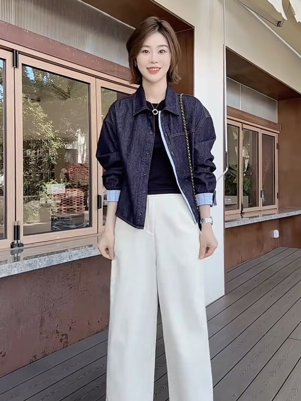 港风复古牛仔外套女秋季短款高品质拼接格纹翻领衬衫爆款洋气上衣|undefined