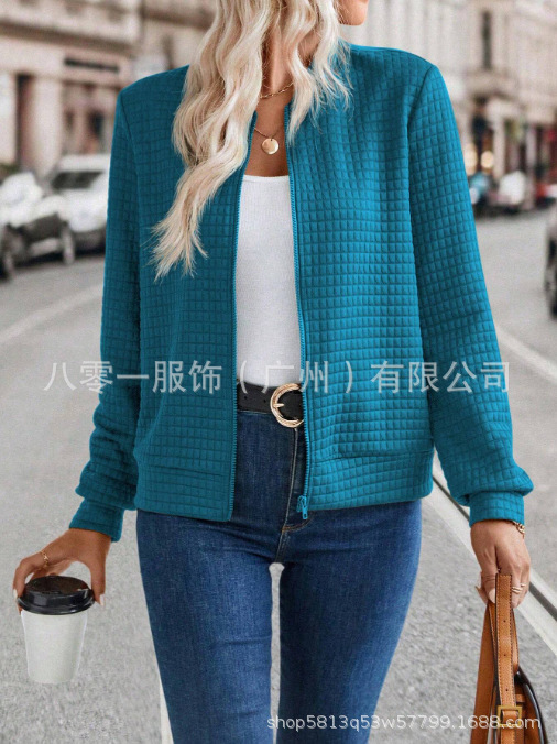 现货批发亚马逊热销新款欧美女装长袖拉链纯色拼接开衫纯色外套女|undefined