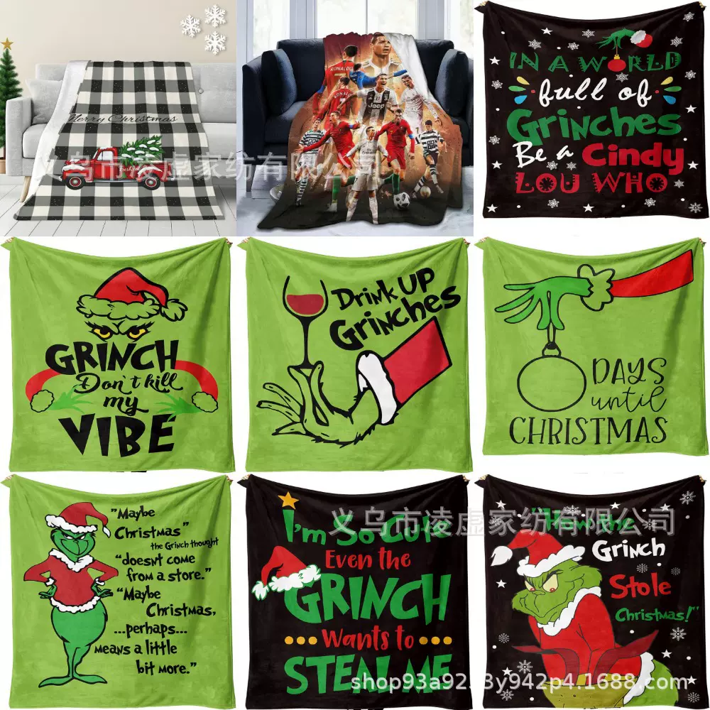 亚马逊盖毯格林奇数码印花法兰绒毯子 保暖毯子批发可来图定 制