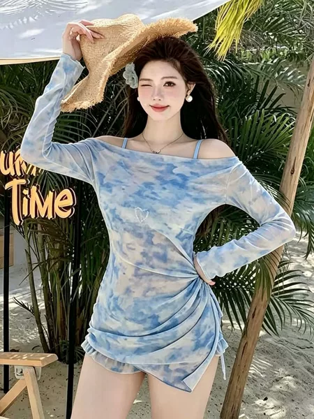 2026 New Bikini Swimsuit for Women with a Slightly Curvy Figure, Tie-Dye Off-Shoulder Mesh Long Sleeve Swimwear for Hot Girls in Summer