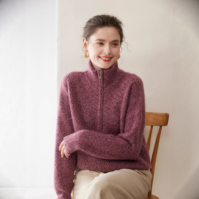 Trendy and Versatile Wool Base Layer Jacket, Half-Zip Cashmere Sweater, Women's Top with a Turn-Down Collar, Floral Yarn Knit Pullover Sweater