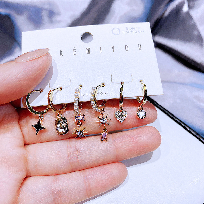 Yakemiyou Fashion Earrings Set Zircon Stars Moon Copper Ear Buckle display picture 5