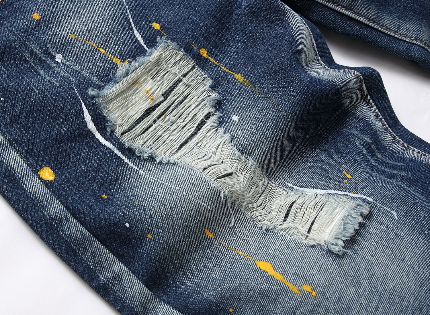 Men's Knee Rip Distressed Denim Shorts With Irregular Bleach Spots, Vintage Blue Washed Casual Summer Shorts For Jeans Lovers_viptrois.com
