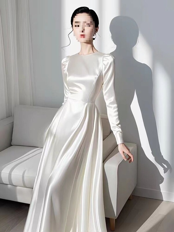 Formal Occasion White Long-Sleeved Satin Dress for Women in Autumn Beautiful French Waist Long Skirt Summer