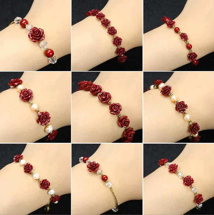 Bracelet, stone inlay, cinnabar, flowered