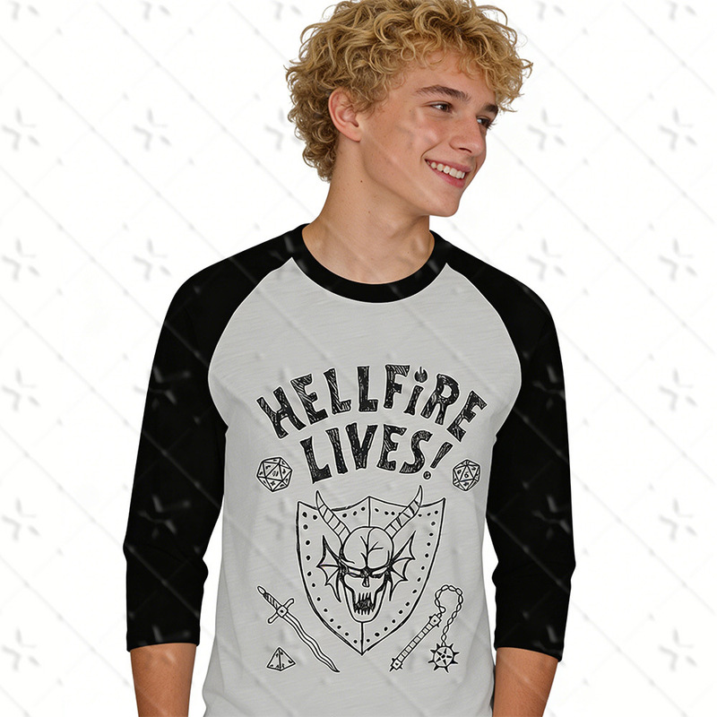 Stranger Things Hellfire Eternal 7-Point Raglan Sleeve T-Shirt, Cotton-Like Digital Print, Non-Fading, Unisex Family Style