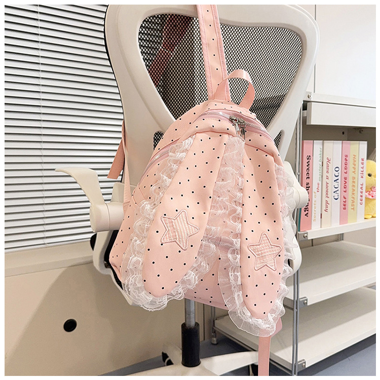 Indigo Smoke Mesh Bunny Ear Student Backpack Japanese Style Cute Girls School Bag High-Value Casual Versatile Travel Shoulder Backpack
