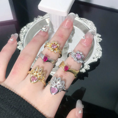 ins愛心粉鑽金色復古輕奢國潮風個性開口戒指時尚百搭高級感指環