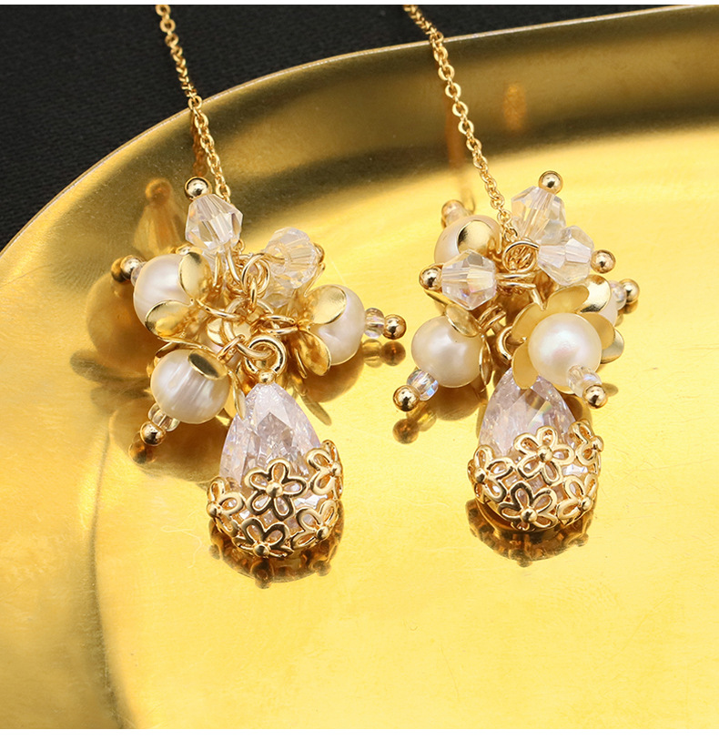 Fashion Water Droplets Pearl Plating Inlay Crystal Pearl Drop Earrings 1 Pair