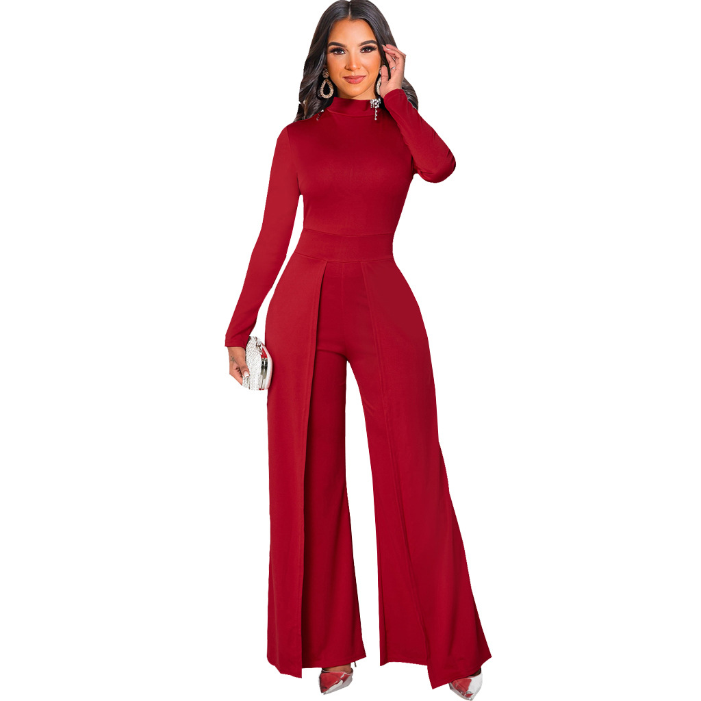 Solid Color Slim Wide Leg Long Sleeve Jumpsuit NSMRF116721