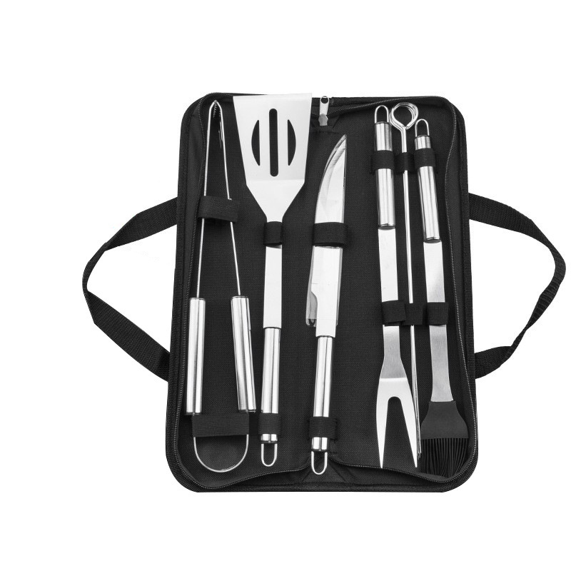 Juego de bolsa de tela para hornear juego de nueve piezas de acero inoxidable para barbacoa al aire libre cuchillo de herramienta de pala clip cepillo de aceite para barbacoa firma de barbacoa paquete de barbacoa de camping