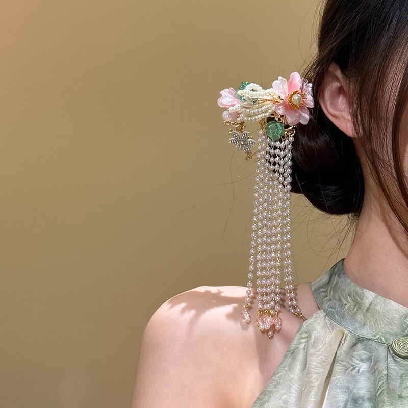 中国风花朵珍珠流苏发簪高级感古风精致百搭设计感汉服配饰法式|undefined