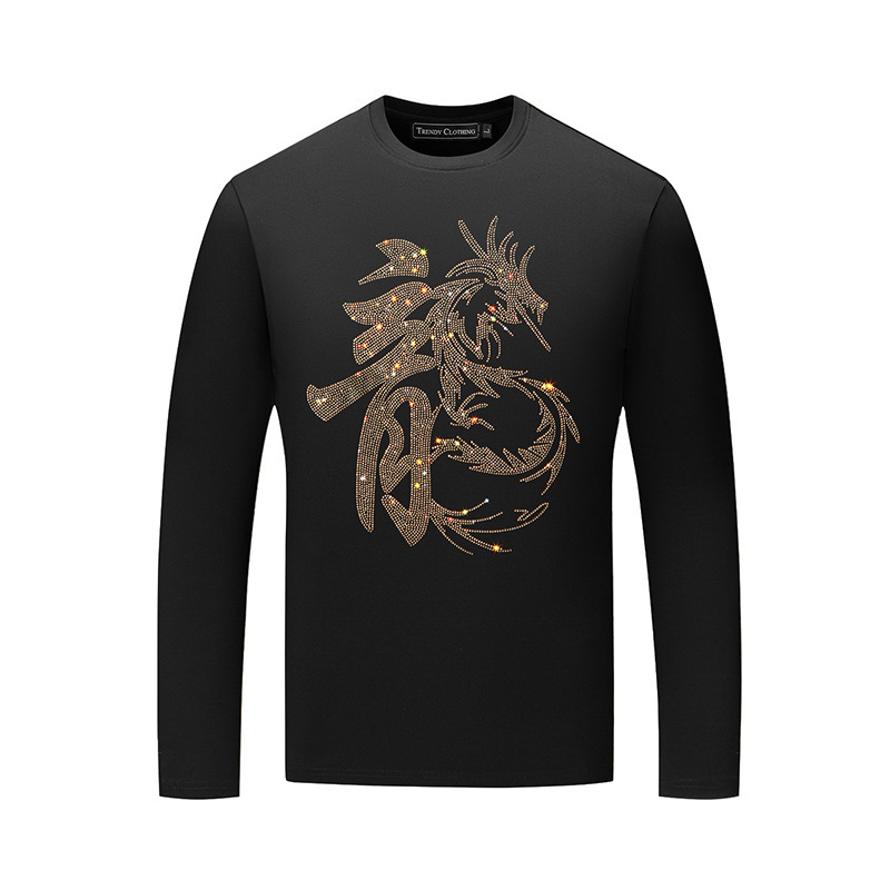 Long-sleeved T-shirt men's flying dragon hot drilling trend plus size middle-aged modal top clothes autumn men's bottoming shirt