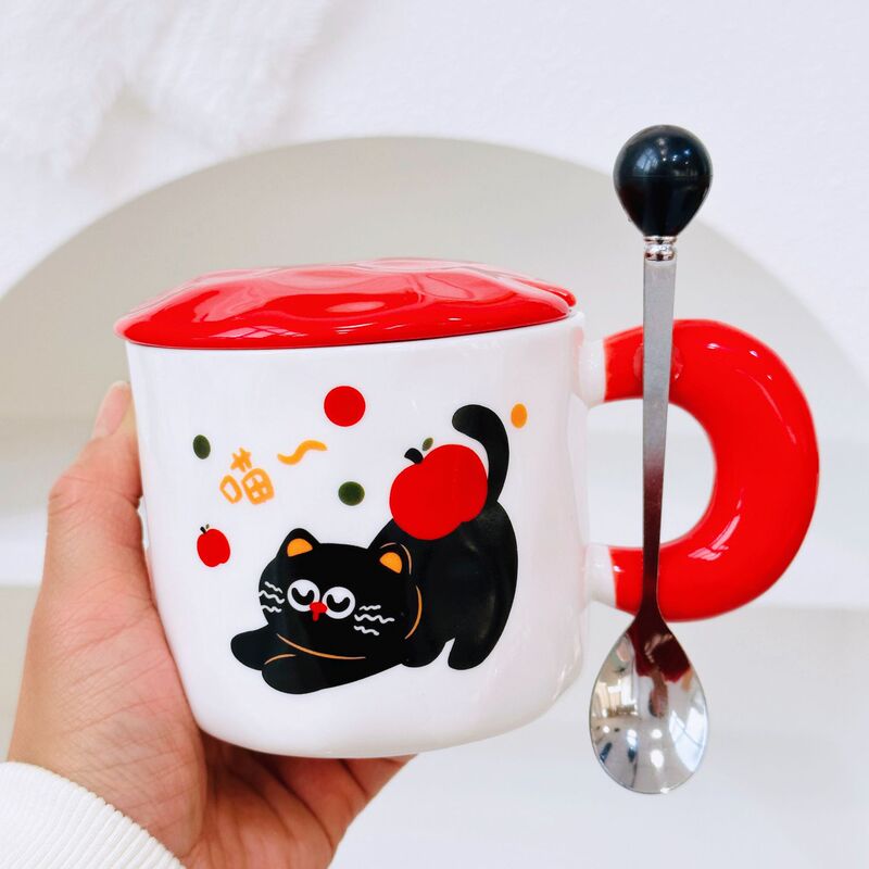 大容量带盖卡通吸管杯可爱马克杯高颜值小猫咪动物陶瓷杯套装礼品|undefined