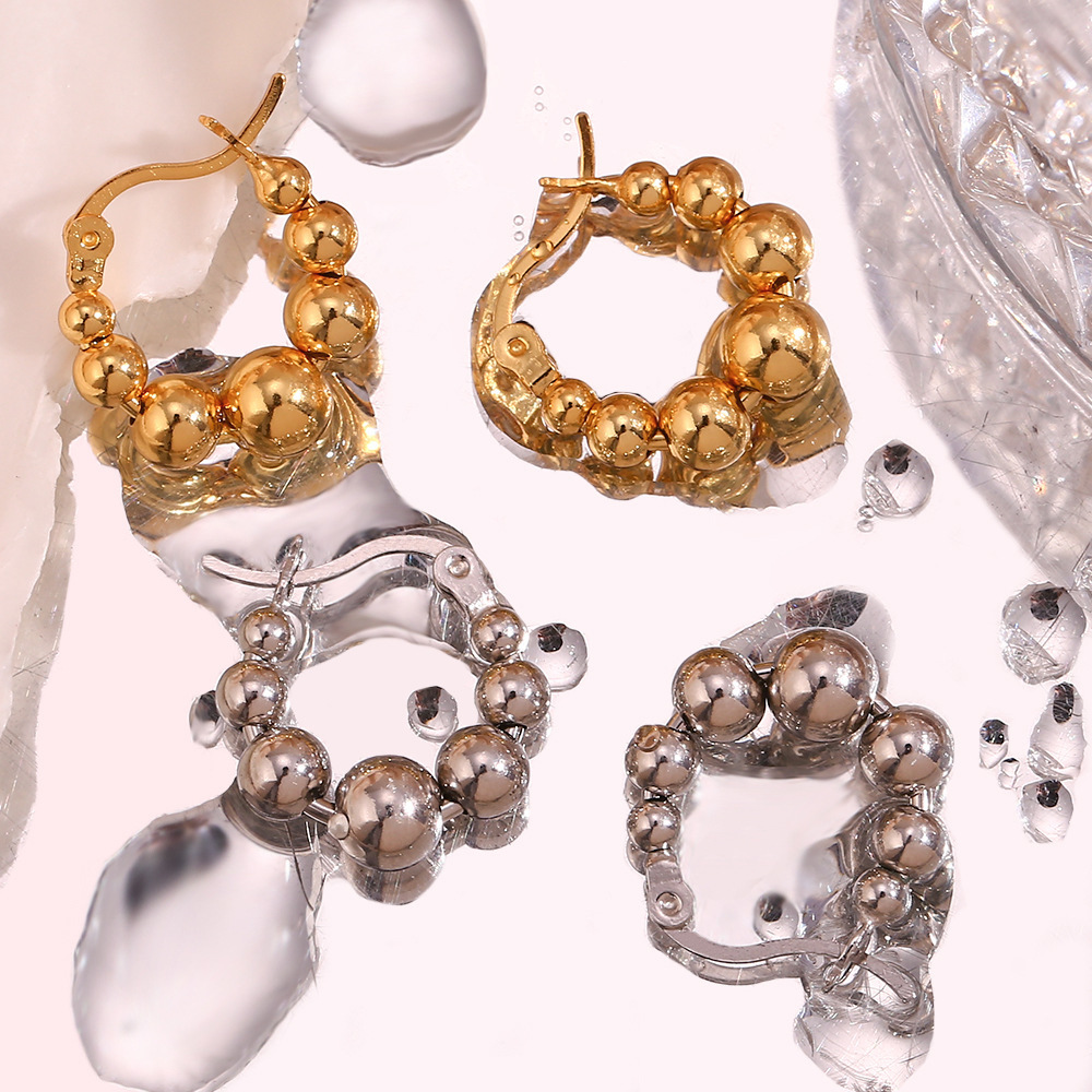 Gradient Size Beads Stainless Steel Earrings