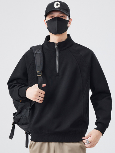 Half-zip solid color sweatshirt for men, spring and autumn 2025 winter style, loose trendy turtleneck men's thin base shirt