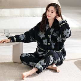 睡衣女冬季珊瑚绒保暖和服领开衫冬季款加绒加厚法兰绒家居服套装