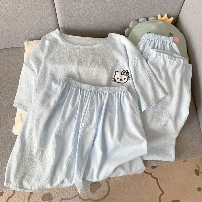Pijama de tres piezas de algodón de nube transfronteriza para mujer hellokitty color sólido verano cuello redondo dulce y lindo traje de servicio a domicilio
