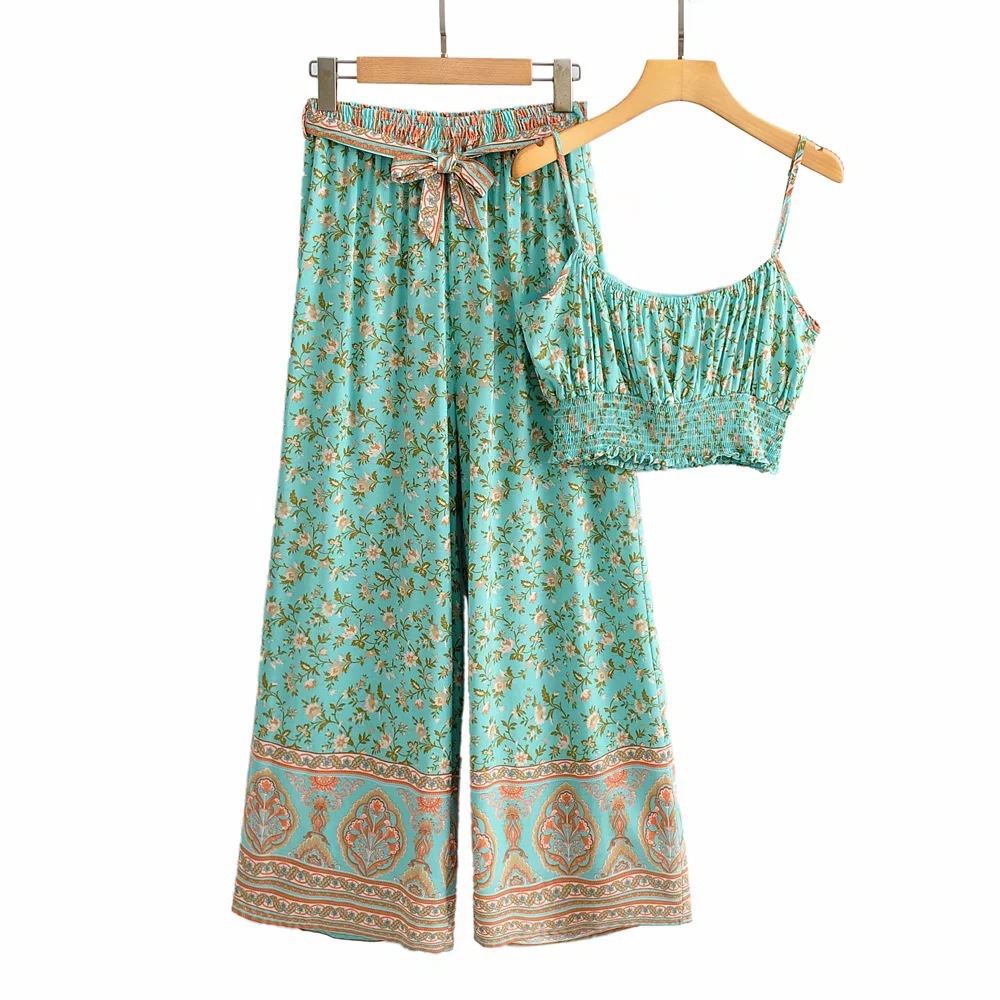women's Bohemian Retro Printed camisole High Waist Loose Wide Leg Pants Suit nihaostyles clothing wholesale NSXPF77119