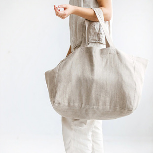 Ins Style Large Linen Beach Bag Natural Linen Cotton Large Capacity Canvas Bag Simple Shoulder Shopping Bag