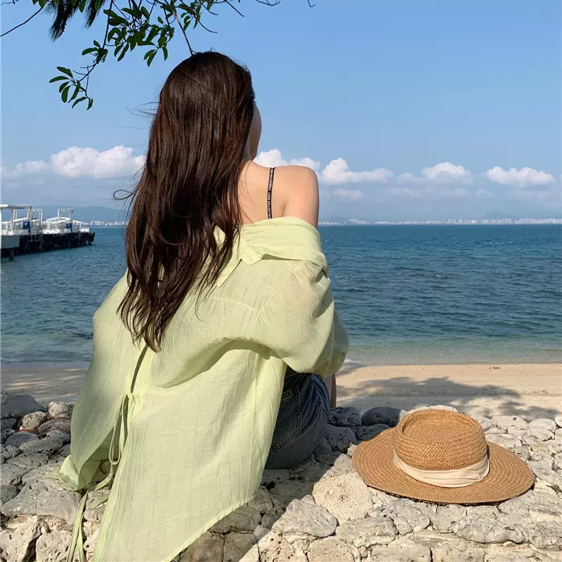 防晒衣女2025夏季薄款透气海边绿色防晒雪纺衬衫露背系带开衫上衣