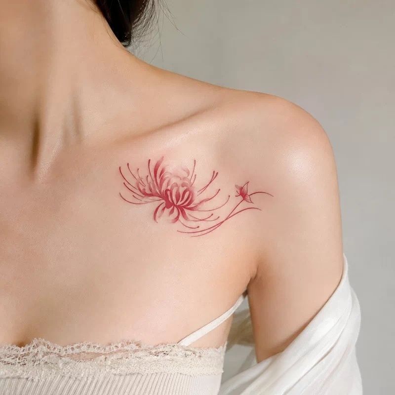 Red spider lily English tattoo stickers for women, clavicle and shoulder, high-end, Chinese style, niche, waterproof, long-lasting, realistic stickers Red spider lily English tattoo stickers for women, clavicle and shoulder, high-end, Chinese style, niche, waterproof, long-lasting, realistic stickers