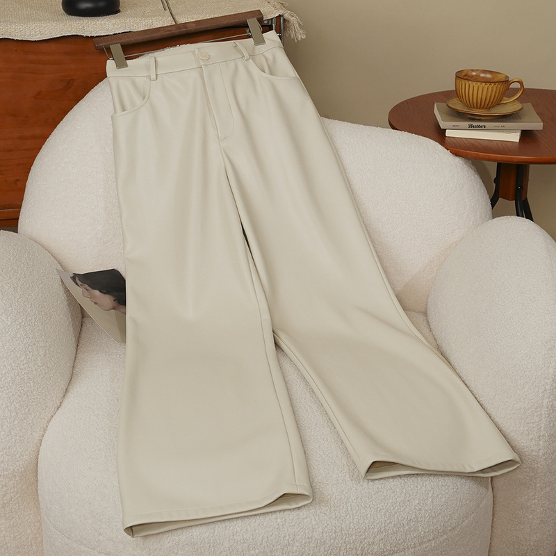 Anfiona 2026 Autumn and Winter New Beige Pu Leather Pants High-Waisted Zipper Straight-Leg Cool and Stylish Slim-Fit Women's Casual Pants