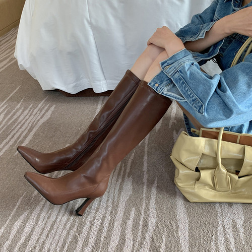 Pointed toe tall slim boots elastic stiletto European and American no-knee high-heeled boots for small people women's boots slimming boots