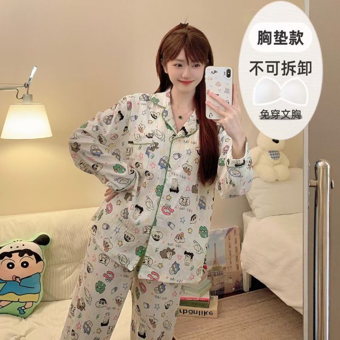 Al por mayor transfronterizo otoño nuevo pijama de nube de algodón con collar cardigan con cojín de pecho manga larga dulce conjunto de ropa de hogar