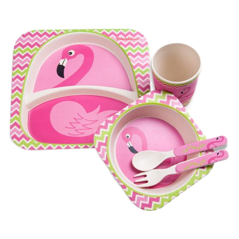 Vajilla infantil genuina Yookidoo, juego de cinco piezas de fibra de bambú para bebés, palillos, cuchara, tenedor, plato, taza, juego de alimentación combinado