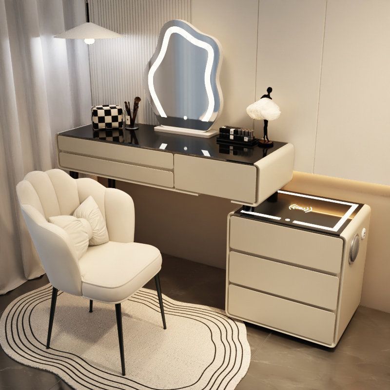 카키 그레이 3단 서랍 스마트 모델 - 올 원목 100 테이블 + 캐비닛 + 구름 거울 + 꽃잎 의자