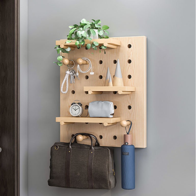 Agujero de madera maciza tablero colgante tablero rack de almacenamiento armario de pared entrada de la pared de entrada de almacenamiento de la pared