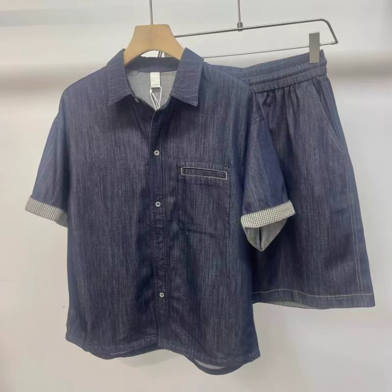 Мужской летний костюм из денима 2025 года, модный бренд, стильный, простой и универсальный, с короткими рукавами и лацканами, повседневный комплект из 2 предметов