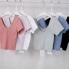 lulu運動健身短袖夏季上衣錦綸性感緊身短款T恤V領U背美背 可帶標