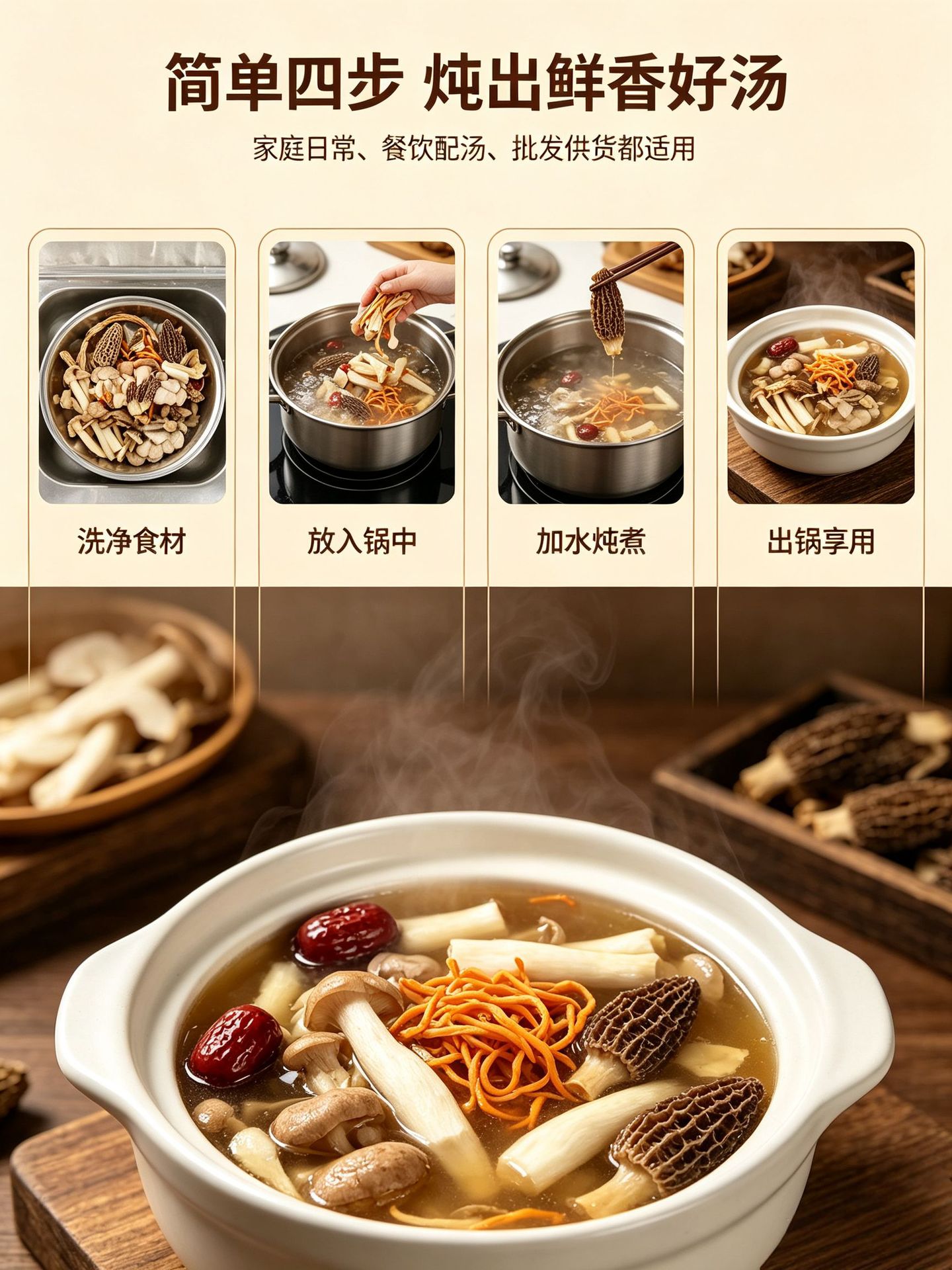Seven Mushroom Soup Pack Qicai Jun Tang Bao Dried Mushroom Medley with Morel and Cordyceps Flower 50g Herbal Broth Mix quality and texture
