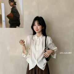 MSTUDIO漫莎 秋季韩系简约压褶设计领花瓣袖口立领长袖衬衫女7685