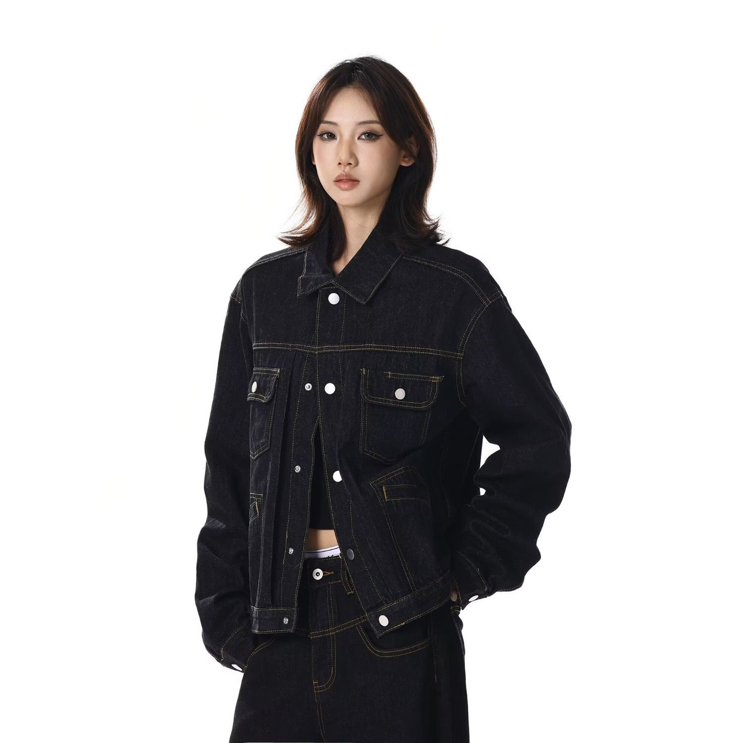 跨境外贸时尚新款牛仔外套女简约百搭原宿夹克春秋情侣百搭学院风