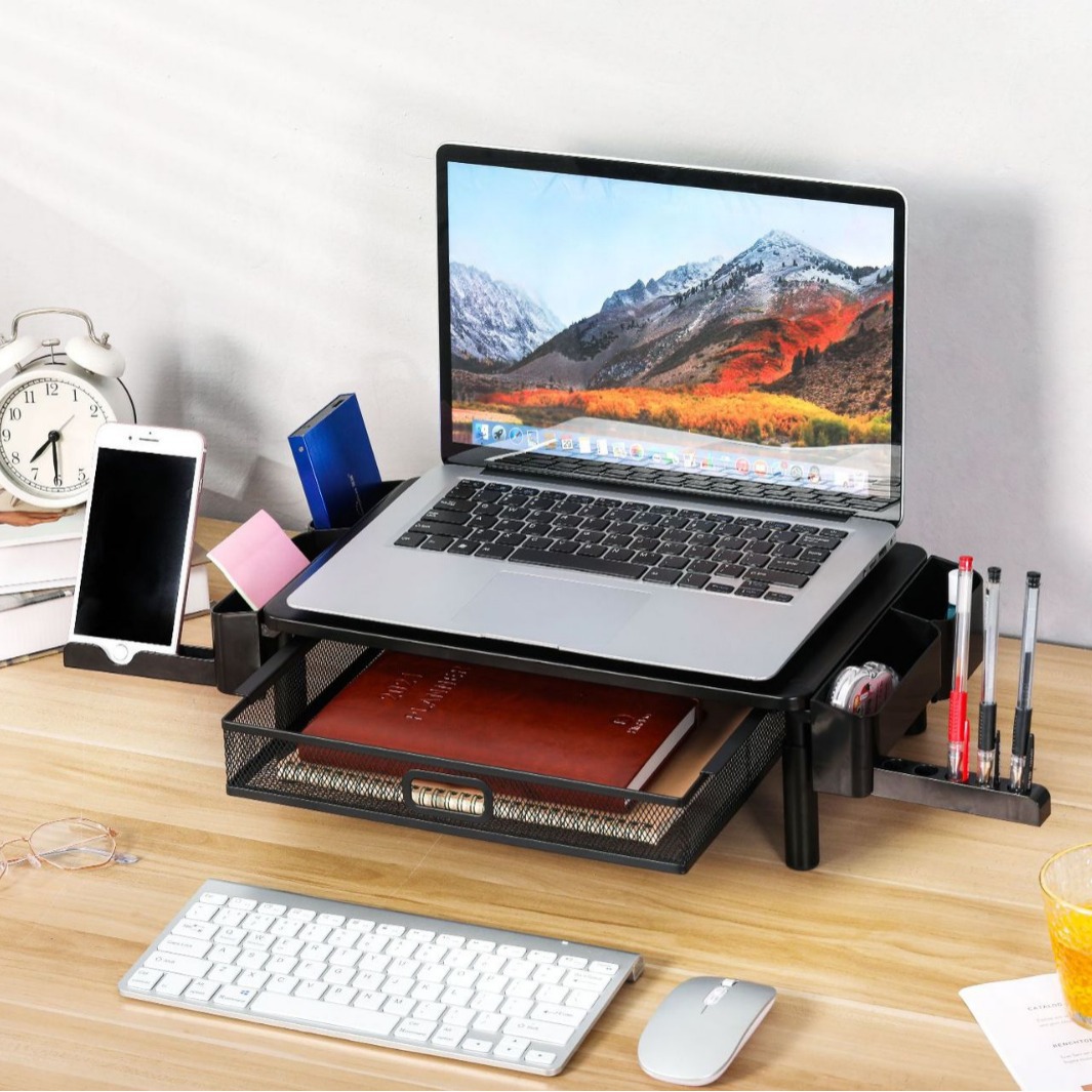 Soporte Elevador para Monitor de Computadora Ajustable en 3 Niveles de Acero Laminado en Frío con Cajón para Oficina image 4
