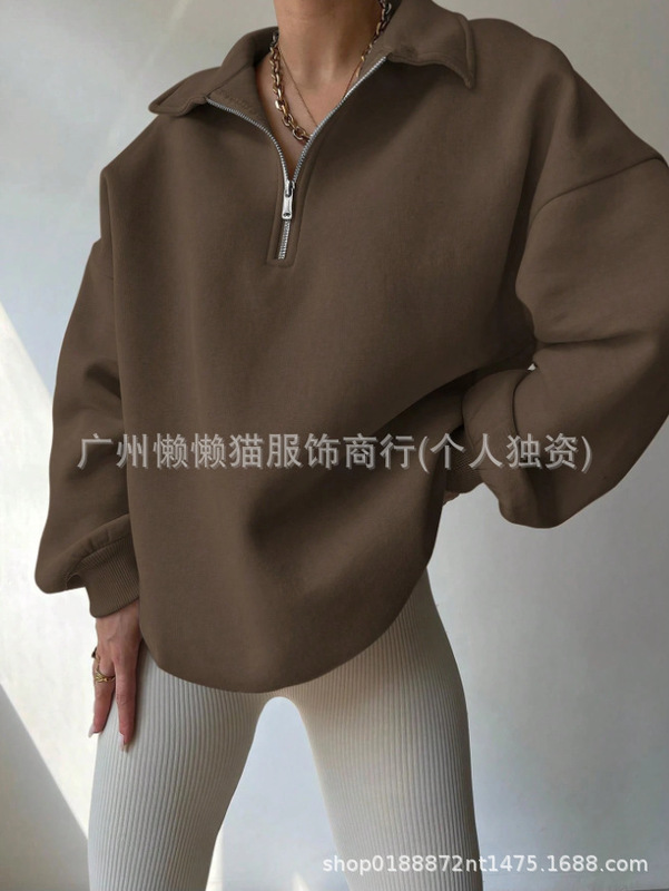 2025新款亚马逊春秋新款女式纯色宽松半拉链开襟长袖简约休闲卫衣|undefined