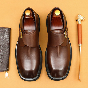 [Pre-sale Non-spot] Big Square Head Leather Shoes Men's High-end Dress Business Casual Shoes Leather Wide-foot Mengke Shoes