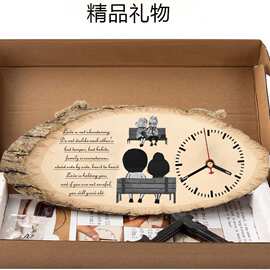 跨境木质时钟摆件静音卧室挂钟DIY原木制装饰品钟父亲节礼物木艺